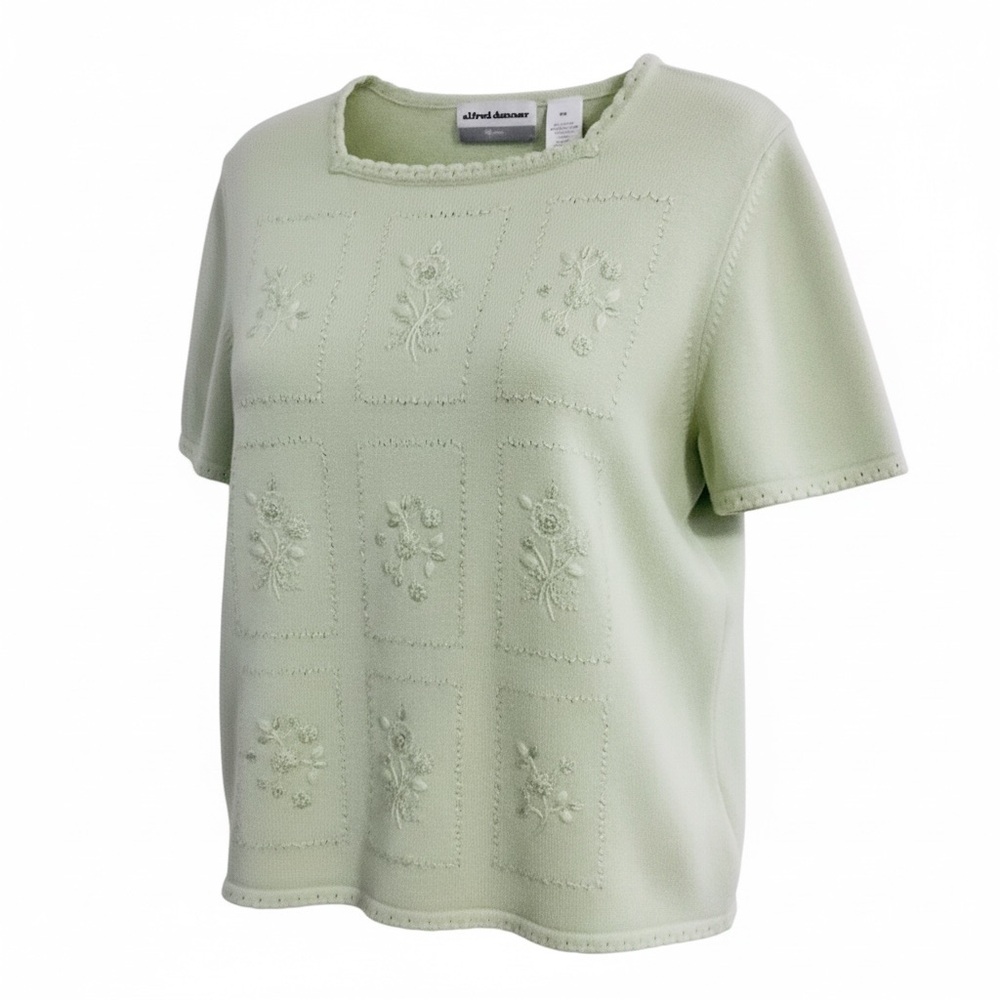 Vtg Alfred Dunner Sweater Women's Mint Green Embroidered Pearl Floral Coquette m